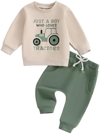 2Pcs Baby Boy Farm Outfit Long Sleeve Tractor Print Sweatshirt Pants Set