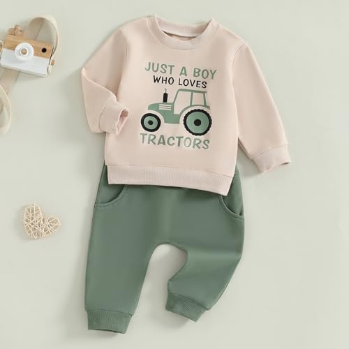 2Pcs Baby Boy Farm Outfit Long Sleeve Tractor Print Sweatshirt Pants Set