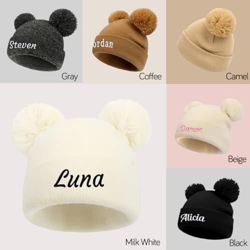 Personalized Baby Beanies Hats Custom Knitted Toddler Winter Double Pompom Hats