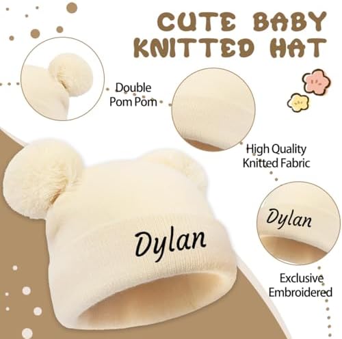 Personalized Baby Beanies Hats Custom Knitted Toddler Winter Double Pompom Hats