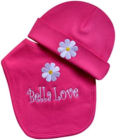 Personalized Baby Girl Bib and Matching Daisy Hat for Newborn Girls