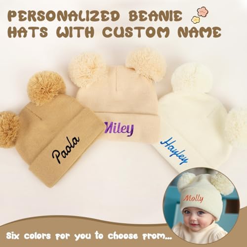 Personalized Baby Beanies Hats Custom Knitted Toddler Winter Double Pompom Hats