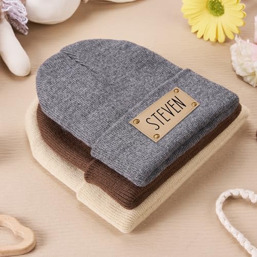 Personalized Baby Knit Beanie with Leather Patch