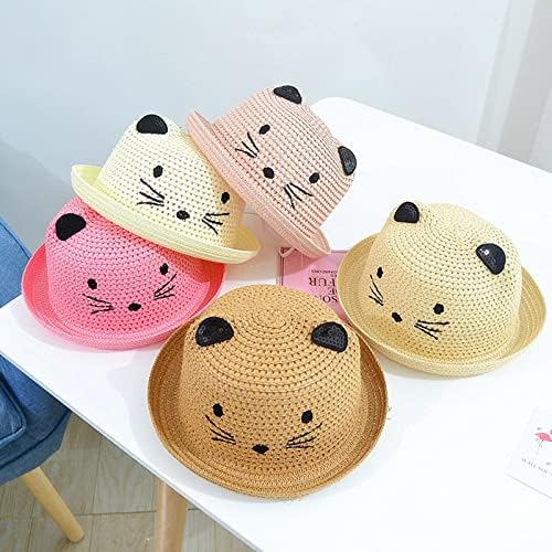 Boys Girls Cat Style Handmade Straw Sun Hats Kids Summer Foldable Beach Hats
