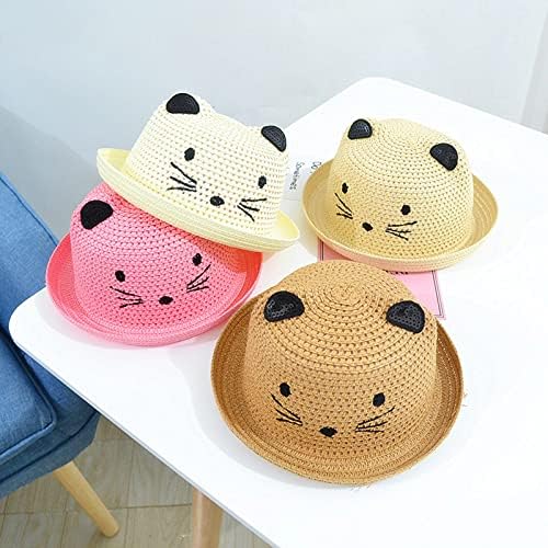 Boys Girls Cat Style Handmade Straw Sun Hats Kids Summer Foldable Beach Hats