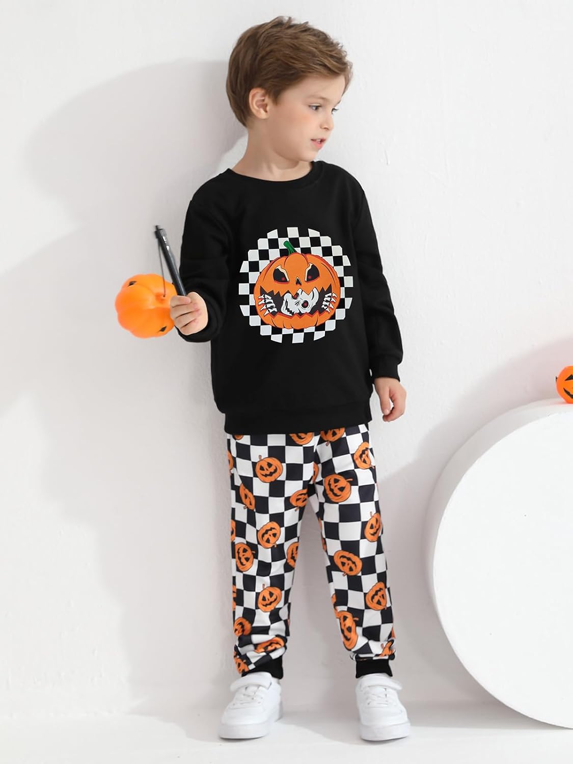 Halloween Toddler Boy Plaid Sweatshirt Pants Set
