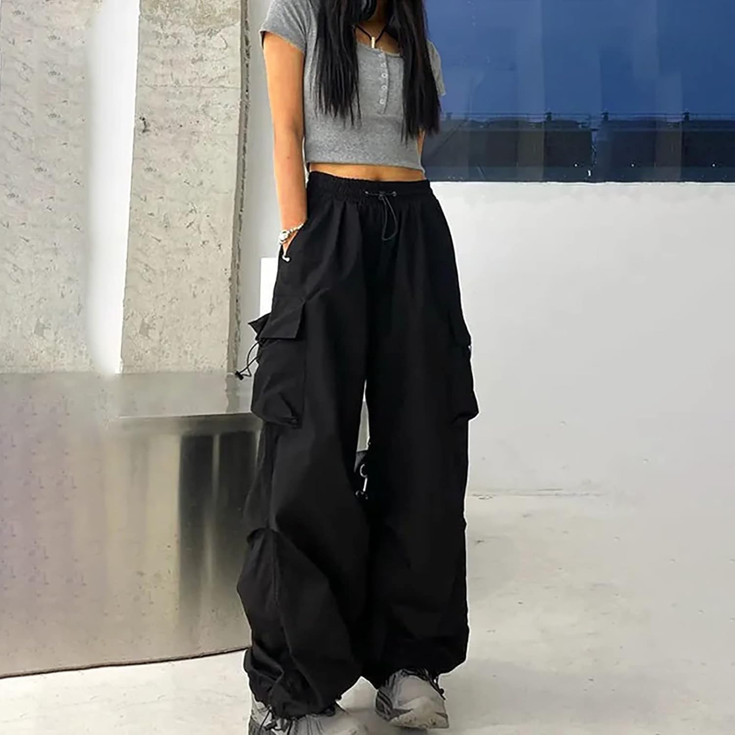 Trendy High-Waisted Parachute Pants for Women DrawsString Streetwear workout