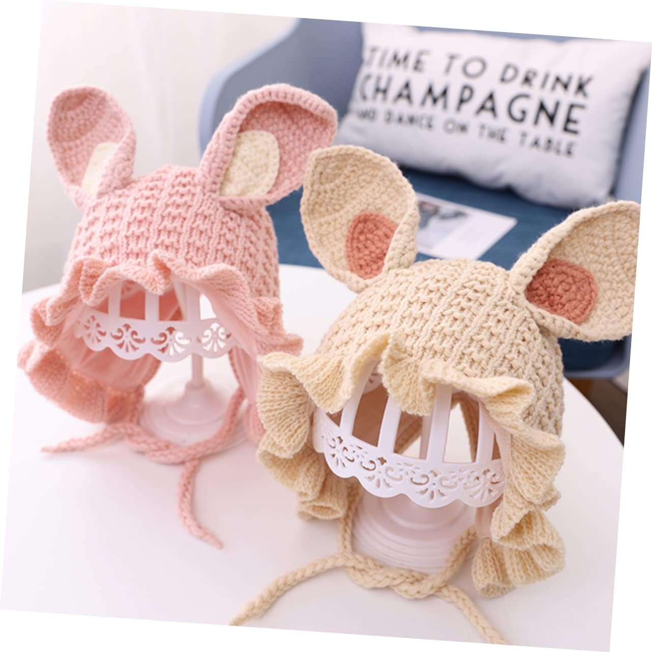 Handmade Winter Baby Hat with Rabbit Ears and Adjustable Fit Pink
