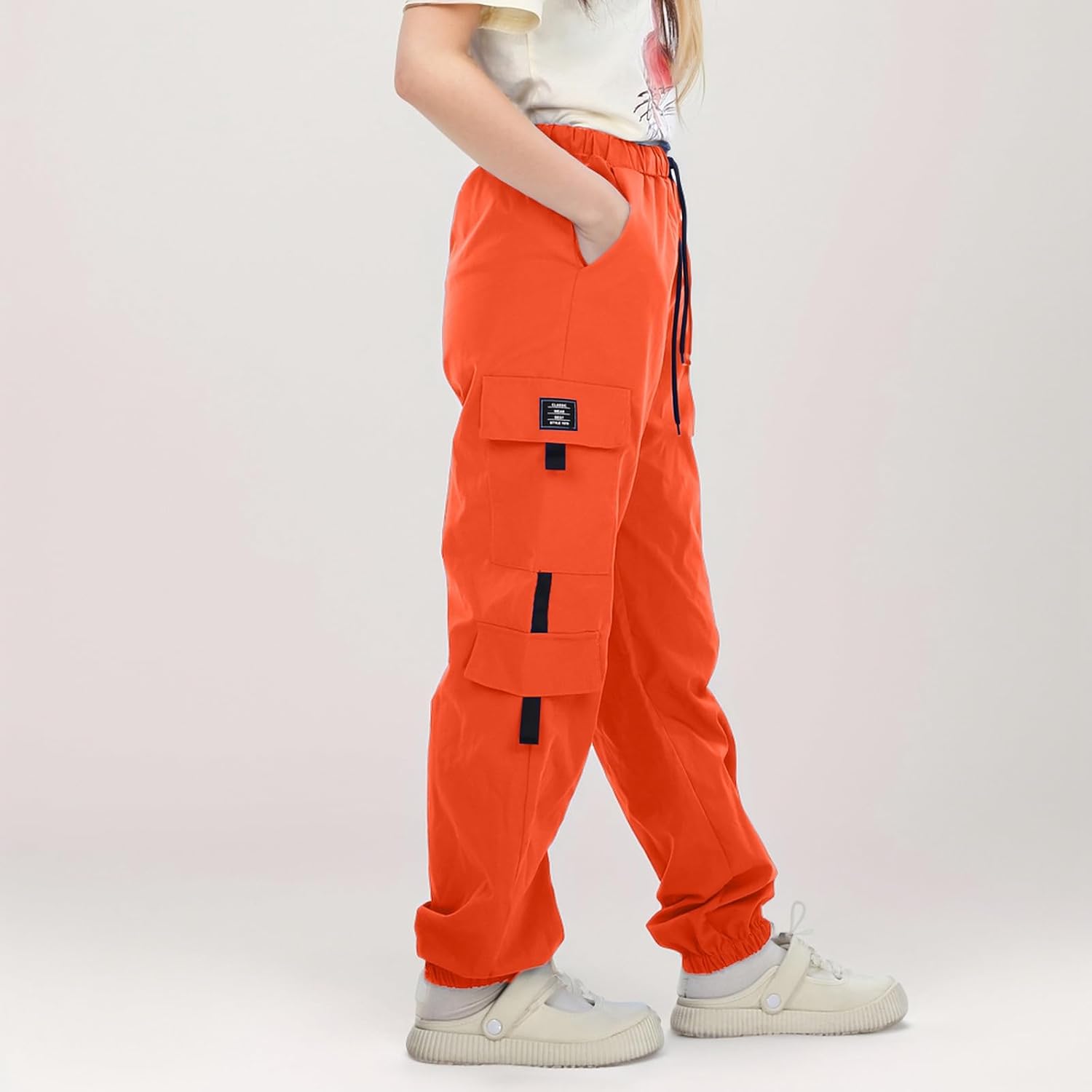 Kids Girls Cargo Pants Elastic Waist with Functional Pockets