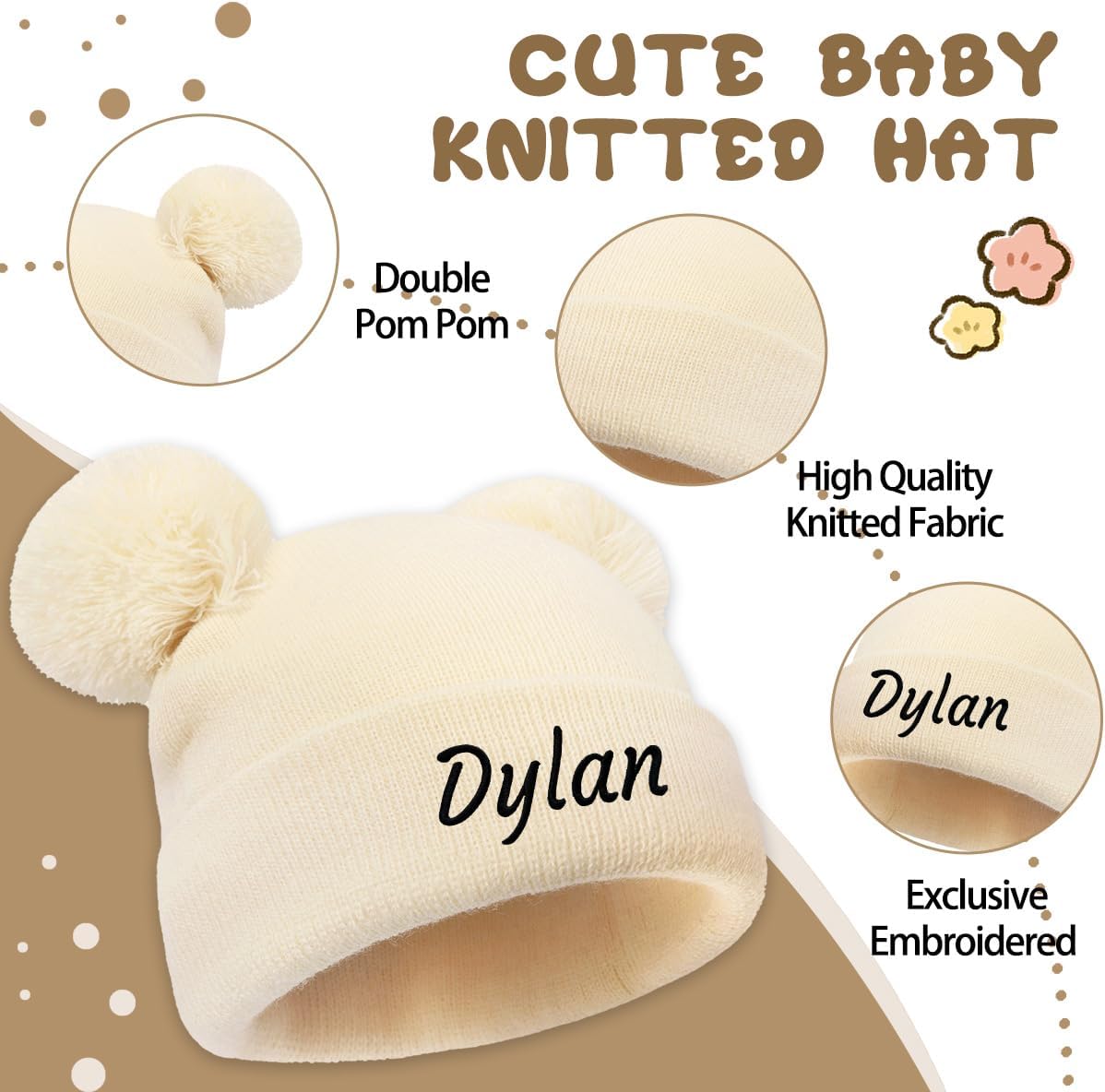 Personalized Baby Beanies Hats Custom Knitted Toddler Winter Double Pompom Hats