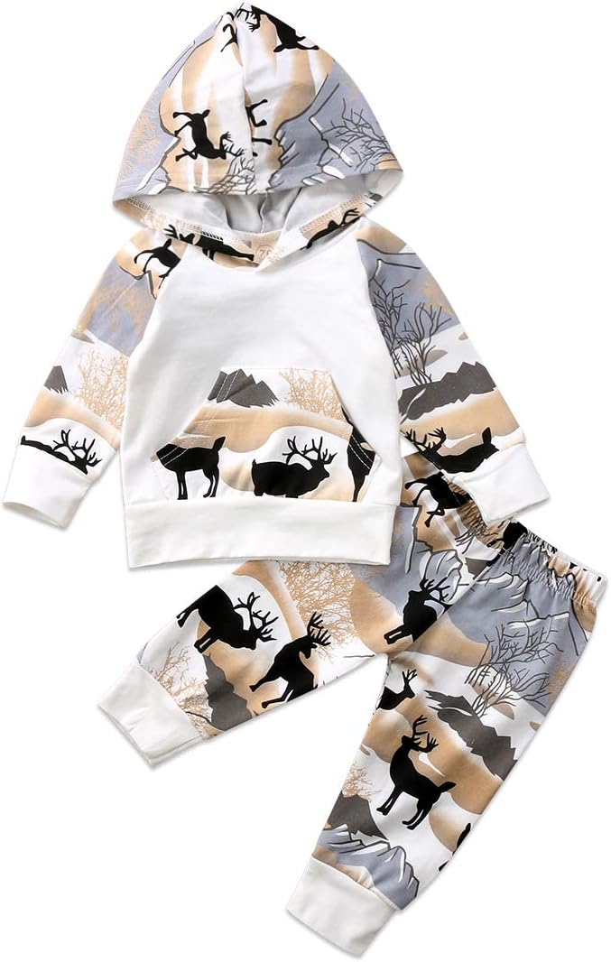2pcs Baby Boys Hoodie Pants Set Dinosaur Deer Print Sweatsuit Fall Winter Outfits