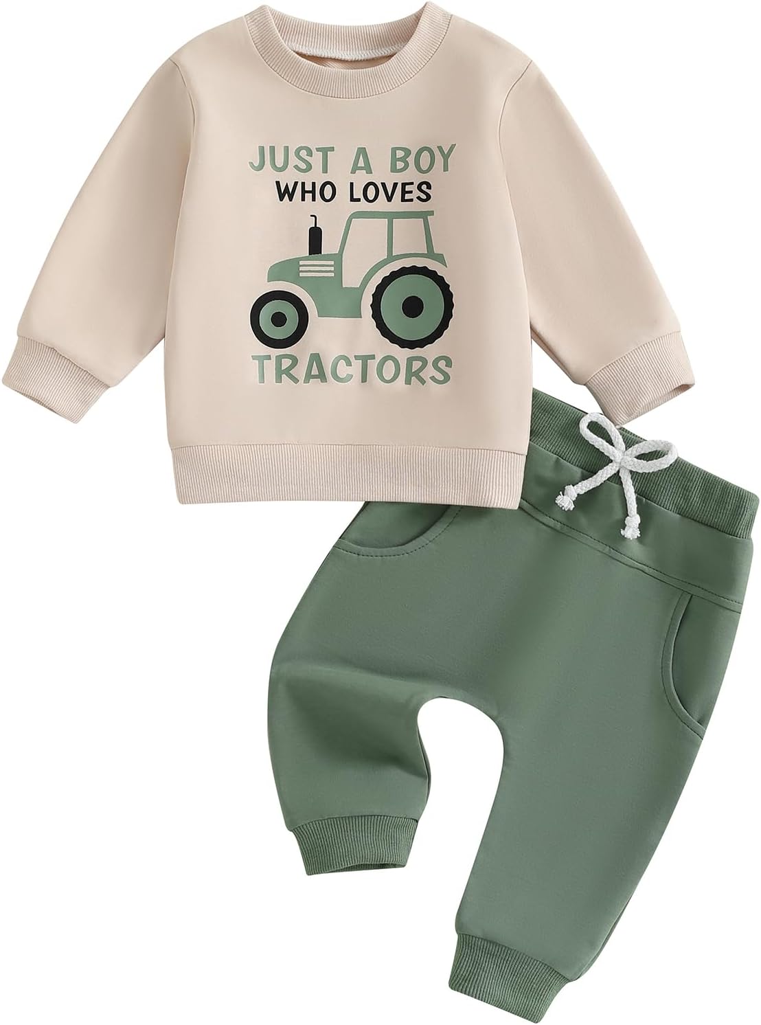 2Pcs Baby Boy Farm Outfit Long Sleeve Tractor Print Sweatshirt Pants Set