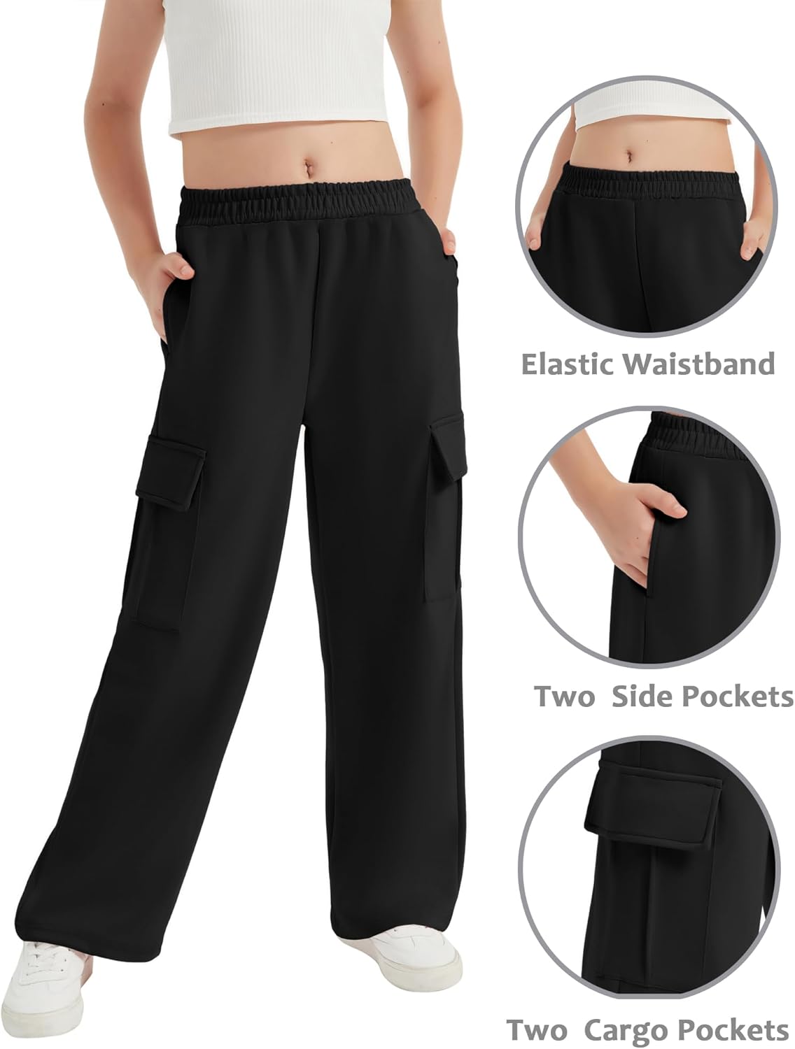EXARUS 6-14Y Cargo Wide Leg sweatpants Cozy Elastic Perfect for Kids