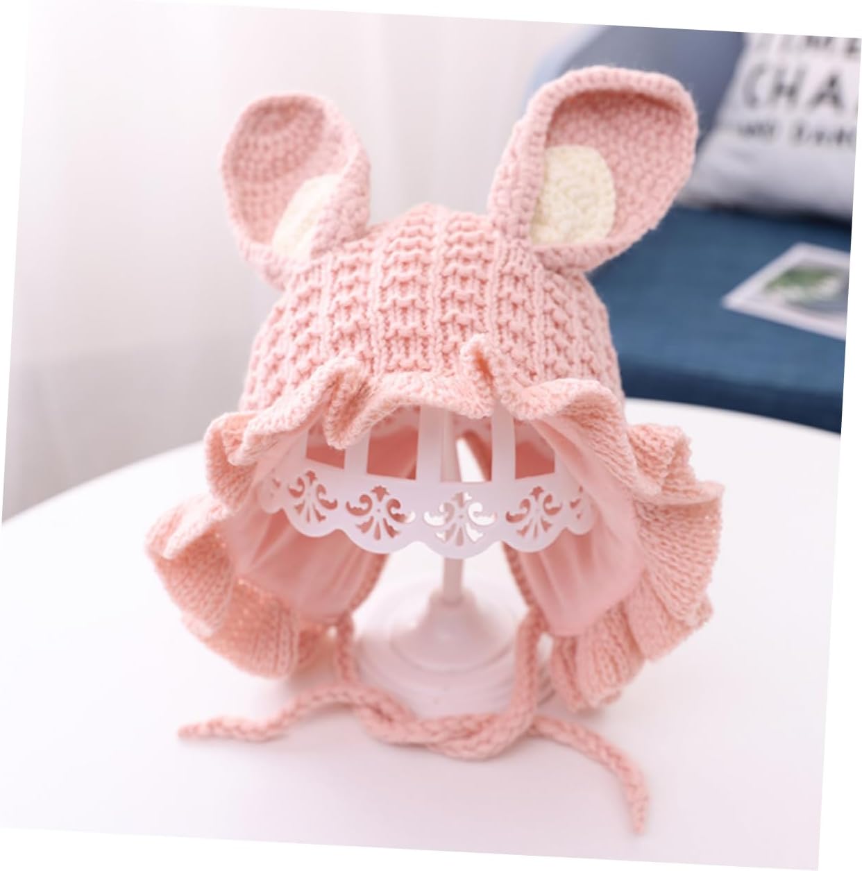 Handmade Winter Baby Hat with Rabbit Ears and Adjustable Fit Pink