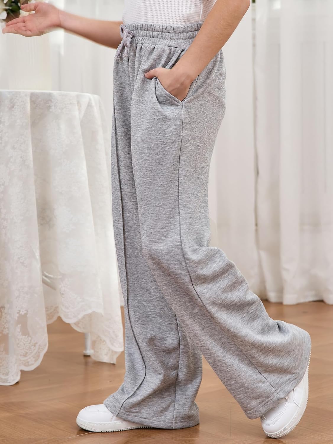 COZYASE Girls Wide Leg Sweatpants Elastic Waist Drawstring Pants
