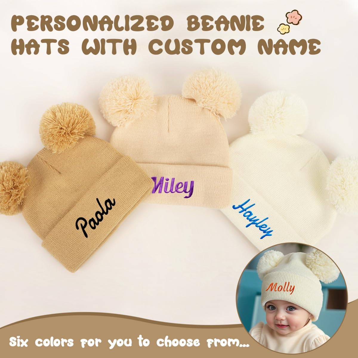Personalized Baby Beanies Hats Custom Knitted Toddler Winter Double Pompom Hats
