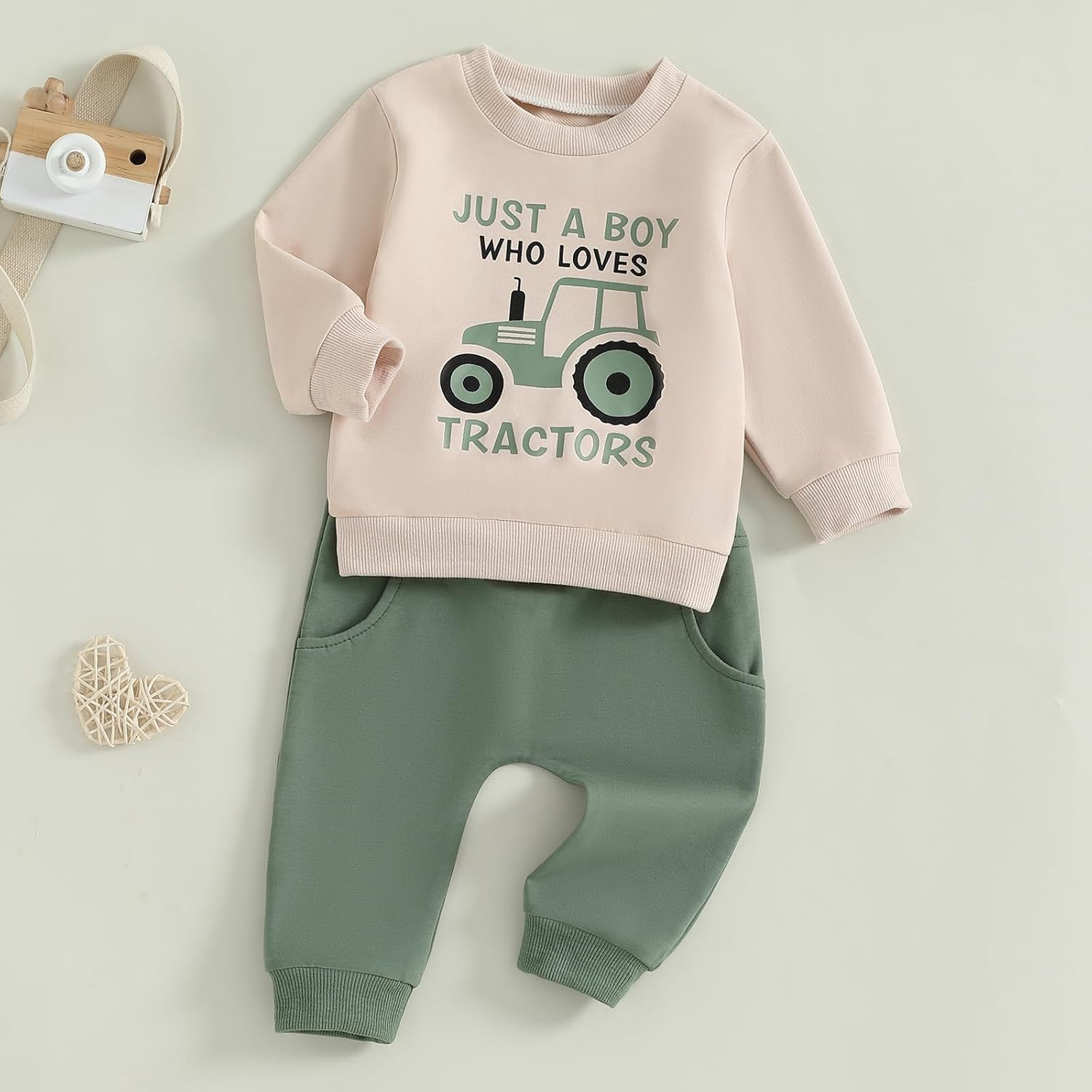 2Pcs Baby Boy Farm Outfit Long Sleeve Tractor Print Sweatshirt Pants Set