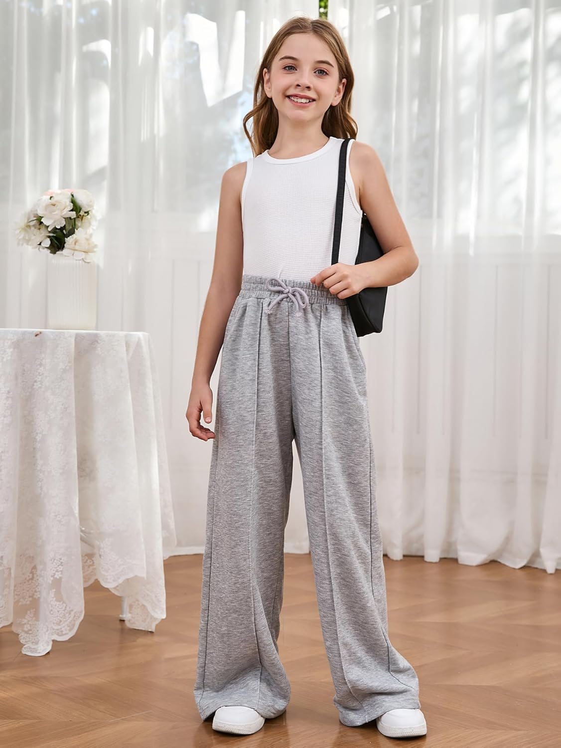 COZYASE Girls Wide Leg Sweatpants Elastic Waist Drawstring Pants