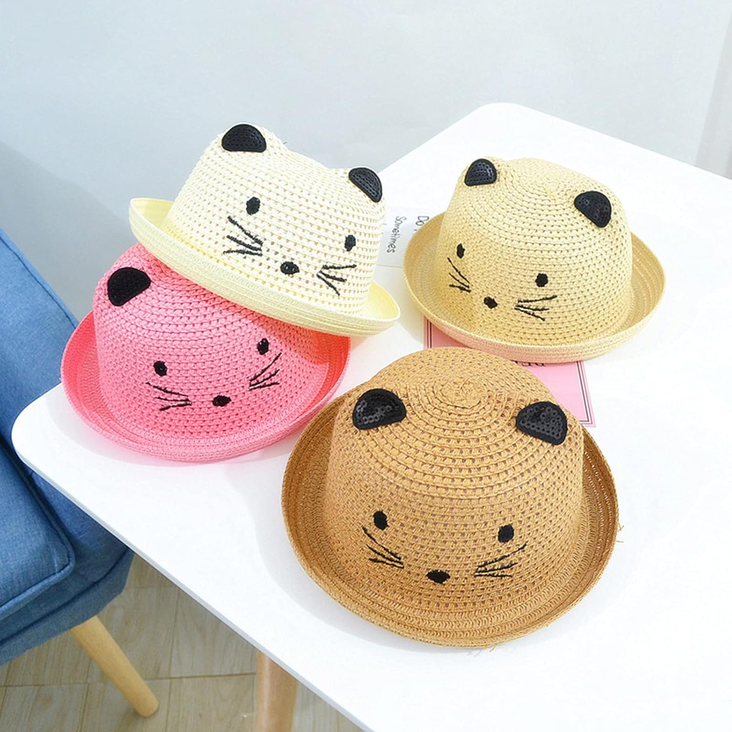 Boys Girls Cat Style Handmade Straw Sun Hats Kids Summer Foldable Beach Hats