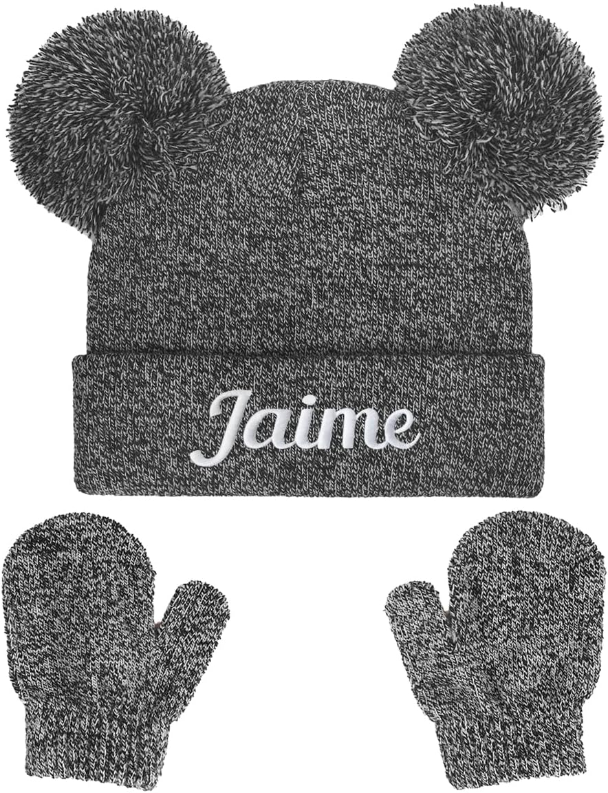 Personalized Baby Beanies Hats Custom Knitted Toddler Winter Double Pompom Hats