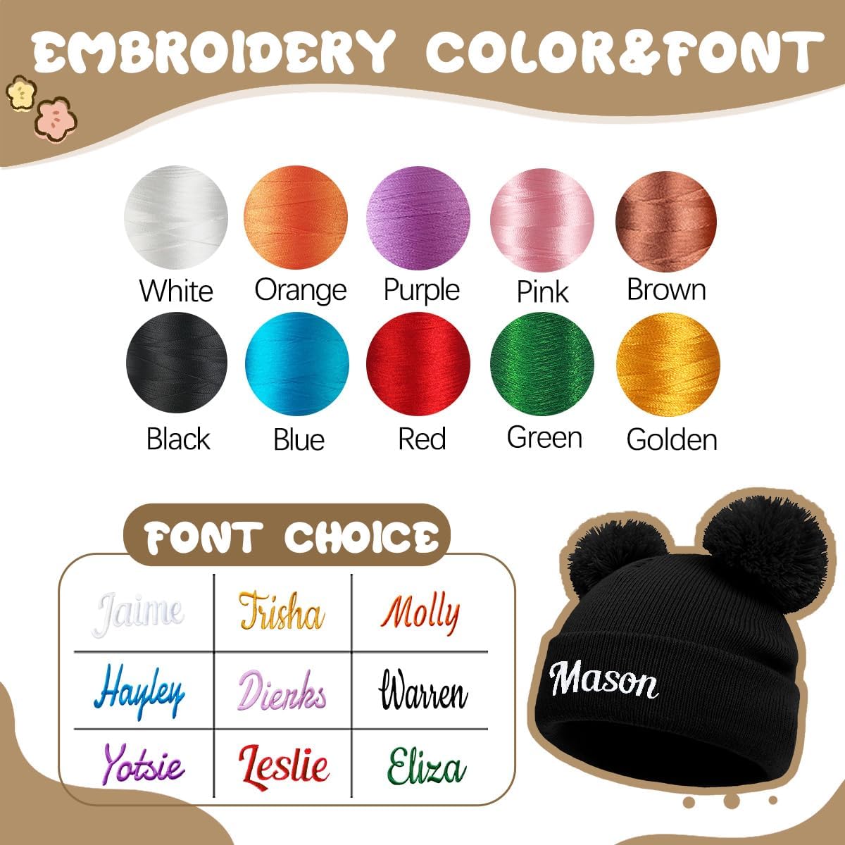 Personalized Baby Beanies Hats Custom Knitted Toddler Winter Double Pompom Hats