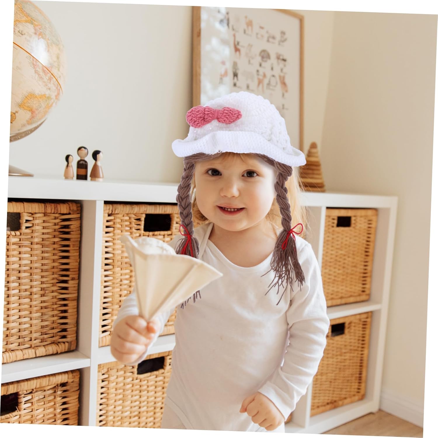 Handmade Woolen Braided Baby Girl Hat with Bowknot