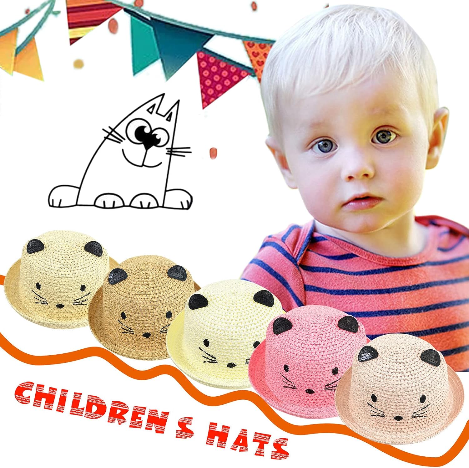 Boys Girls Cat Style Handmade Straw Sun Hats Kids Summer Foldable Beach Hats