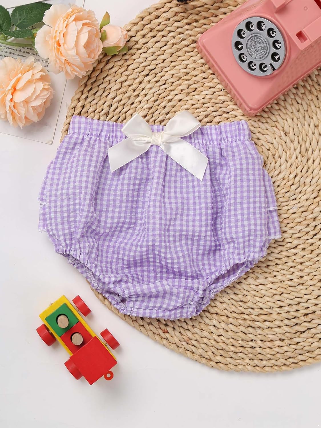 Baby Girls Boys Plaid Bloomers Ruffle Bow Tie Diaper Cover Shorts