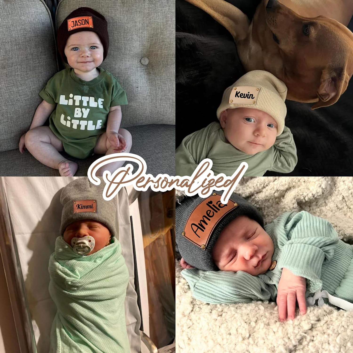 Personalized Baby Knit Beanie with Leather Patch