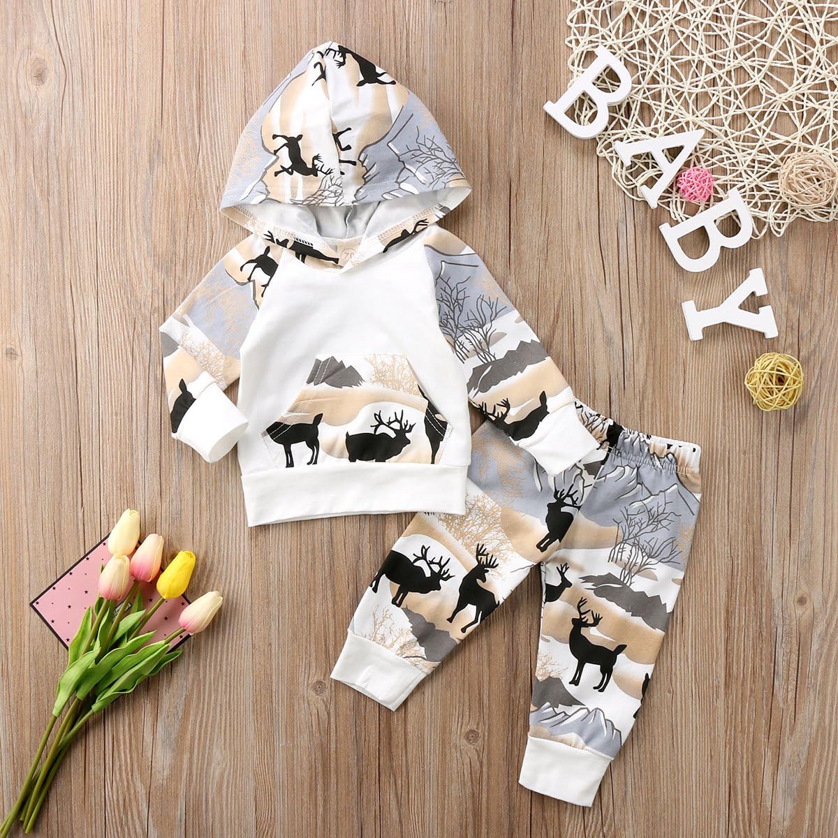 2pcs Baby Boys Hoodie Pants Set Dinosaur Deer Print Sweatsuit Fall Winter Outfits