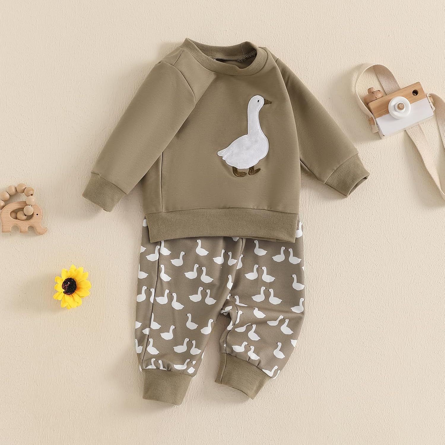 Newbgclo Toddler Boy Winter Long Sleeve Duck Print Pullover Pants Set 2Pcs
