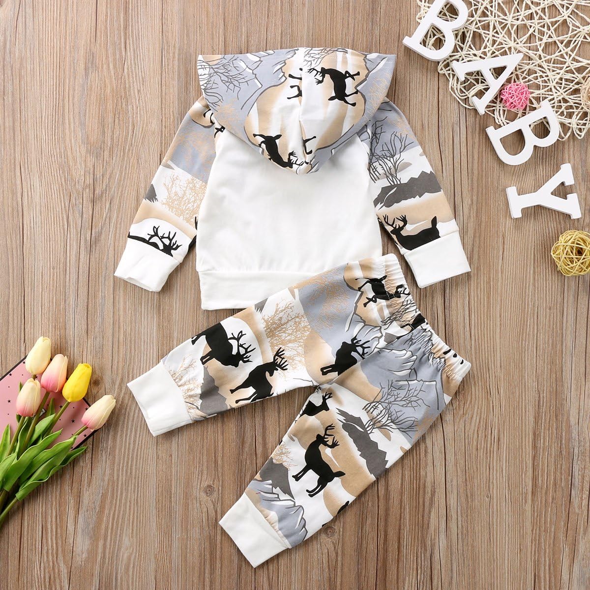 2pcs Baby Boys Hoodie Pants Set Dinosaur Deer Print Sweatsuit Fall Winter Outfits