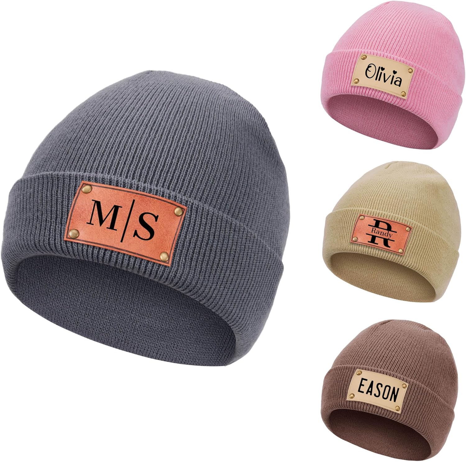 Personalized Baby Knit Beanie with Leather Patch