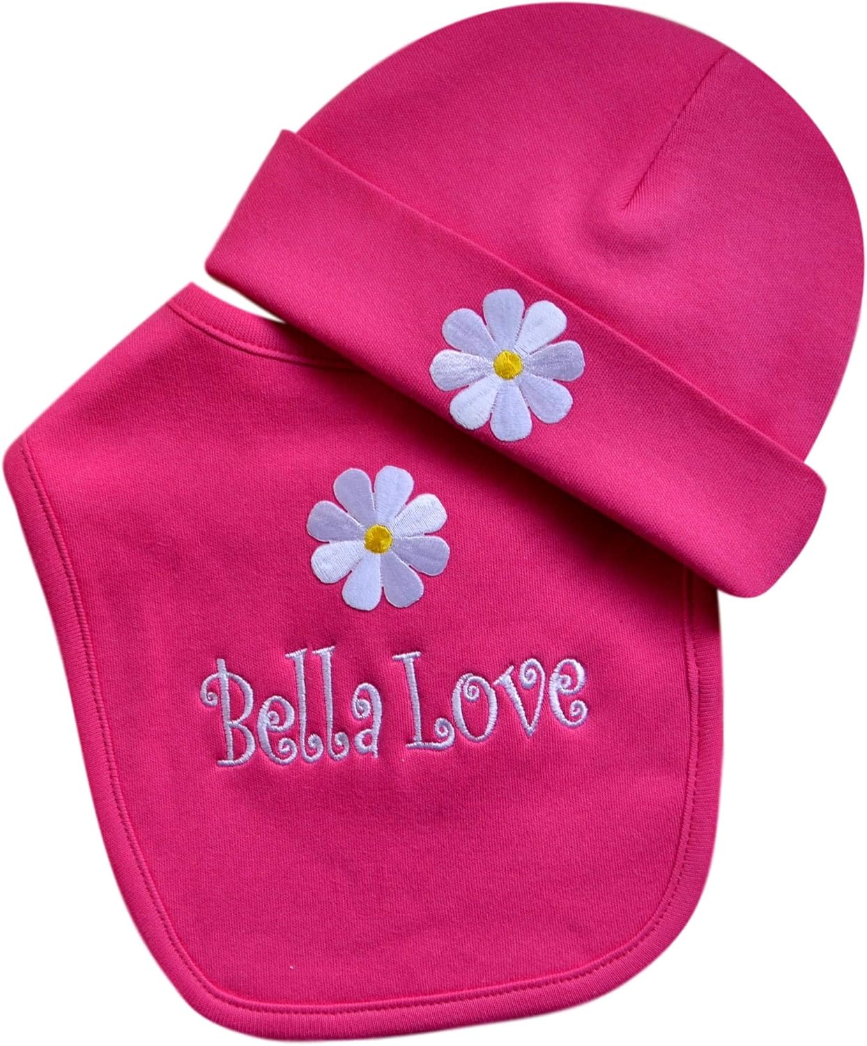 Personalized Baby Girl Bib and Matching Daisy Hat for Newborn Girls