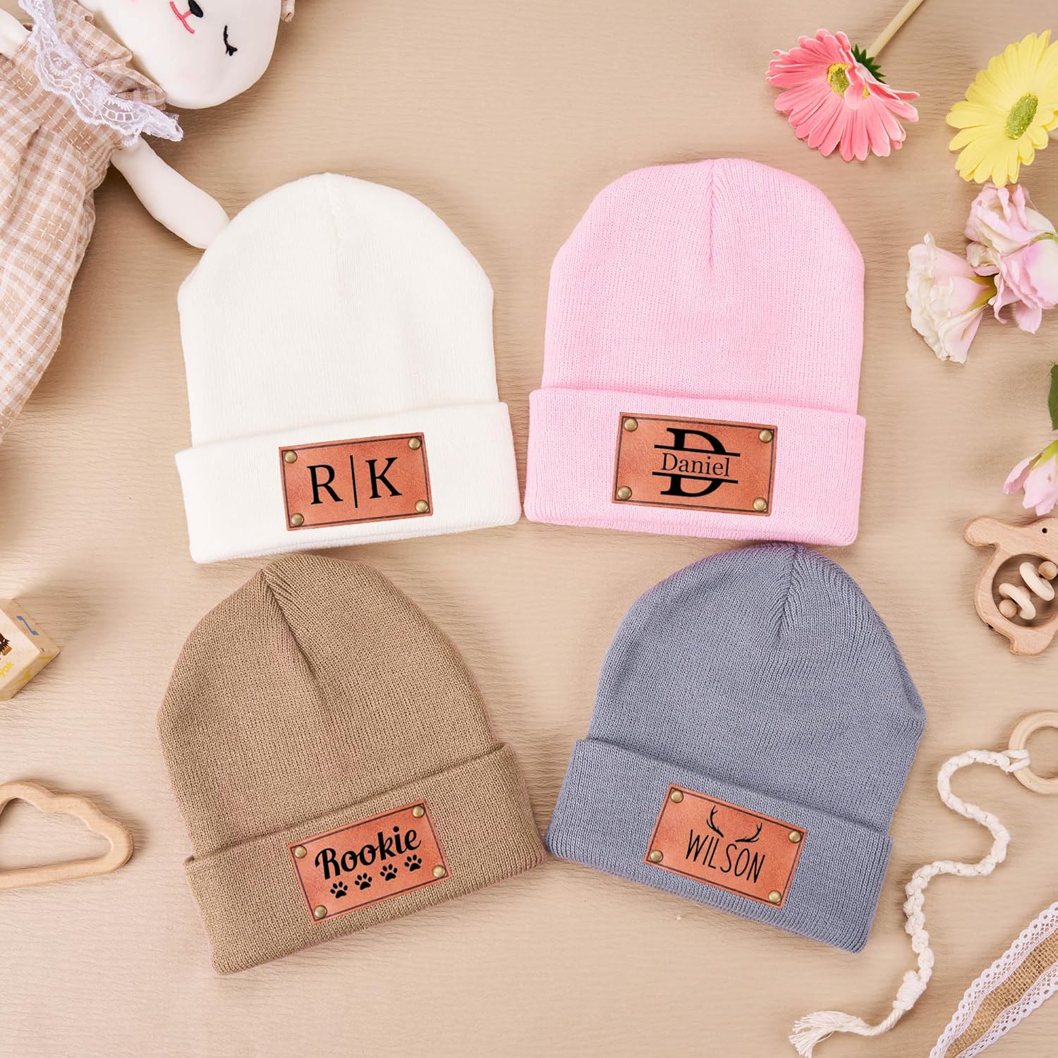 Personalized Baby Knit Beanie with Leather Patch