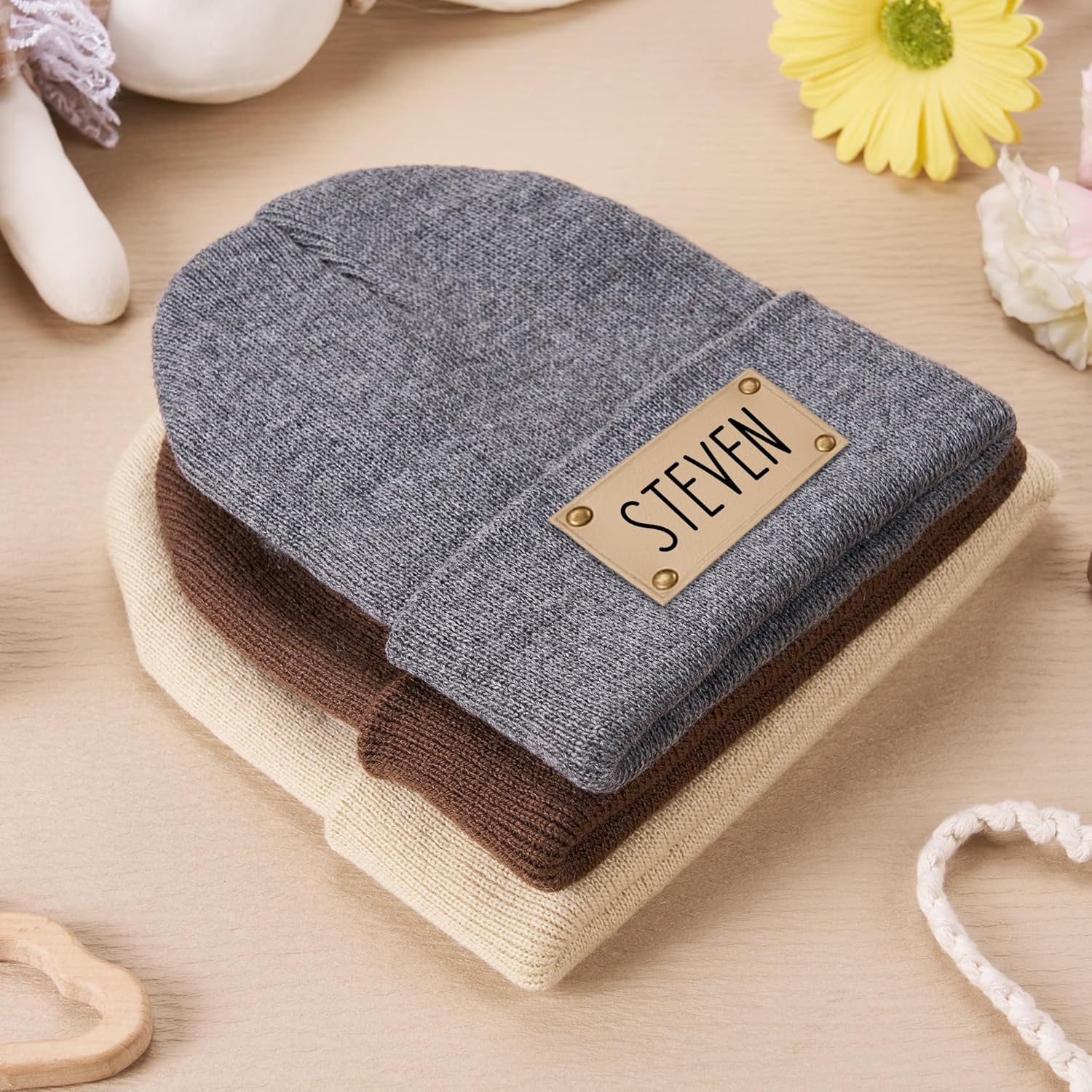 Personalized Baby Knit Beanie with Leather Patch